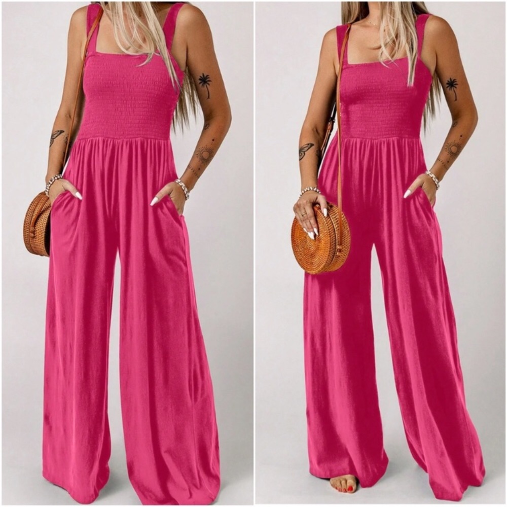 Boho smocked bodice wide leg wide straps cami jumpsuit - Picture 4 of 8